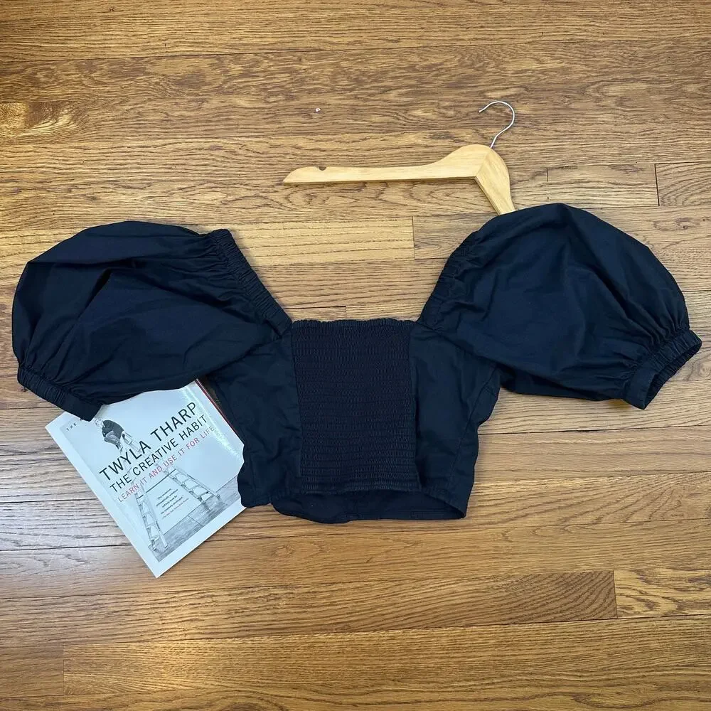 Abercrombie Black Cropped Smocked Puff Sleeve Blouse